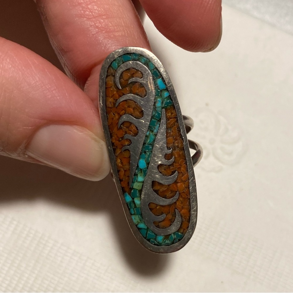 Vintage Sterling Silver Turquoise Spiny Oyster Inlay Ring – Southwest Style – 7g